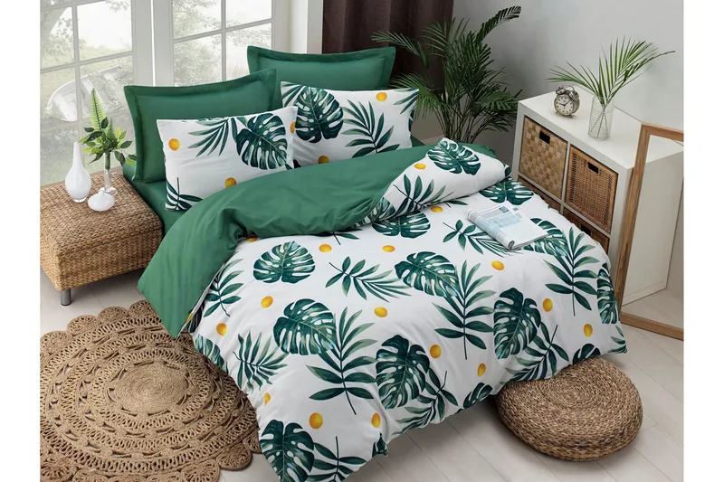 EnLora Home Sengetøy Dobbelt 4-deler, Grønn/Hvit/Gul