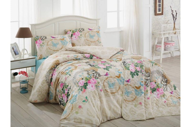 Eponj Home Sengetøy Dobbelt 4-deler, Beige/Hvit/Multi