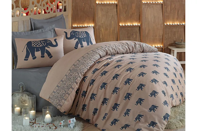 Eponj Home Sengetøy Dobbelt 4-deler, Blå/Lysebrun