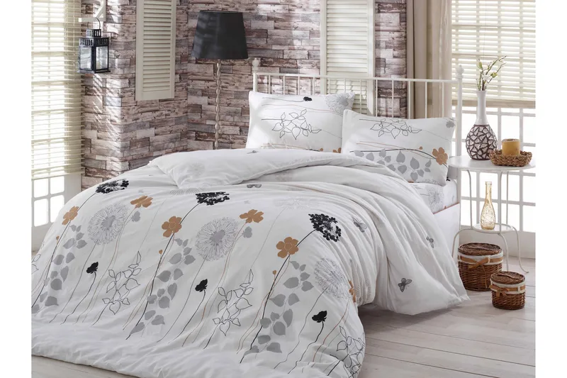 Eponj Home Sengetøy Dobbelt 4-deler, Hvit/Grå/Svart/Brun