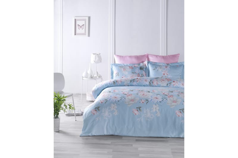 Primacasa by Türkiz Sengetøy Dobbelt 6-deler Satin - Blå/Hvit/Rosa - Tekstiler - Sengetøy - Sengetøysett & dynetrekksett - Sengesett dobbeltseng