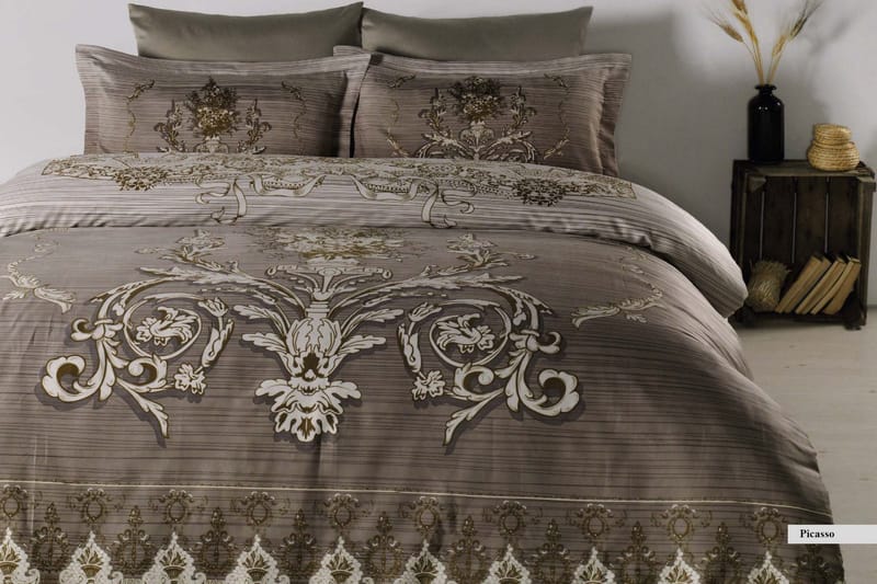 Primacasa by Türkiz Sengetøy Dobbelt 6-deler Satin, Brun/Hvit/Beige