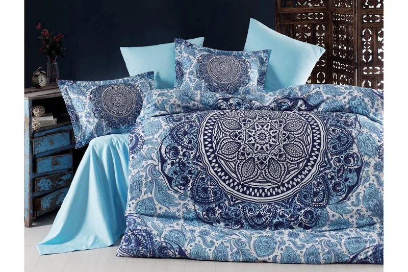 Primacasa by Türkiz Sengetøy Dobbelt 6-deler Satin, Mørkeblå/Hvit/Blå