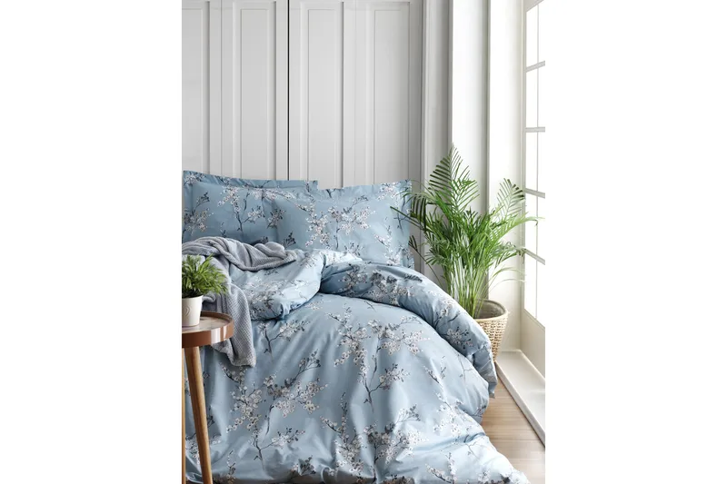 Türkiz Sengetøysett Dobbelt 4-deler Ranforce, Blå/Hvit