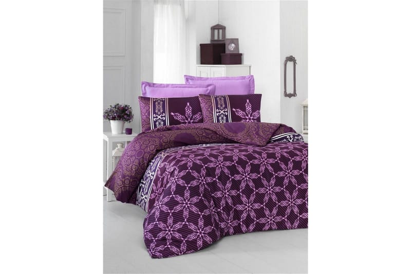 Victoria Sengetøy Dobbelt 6-deler Satin, Lilla/Hvit