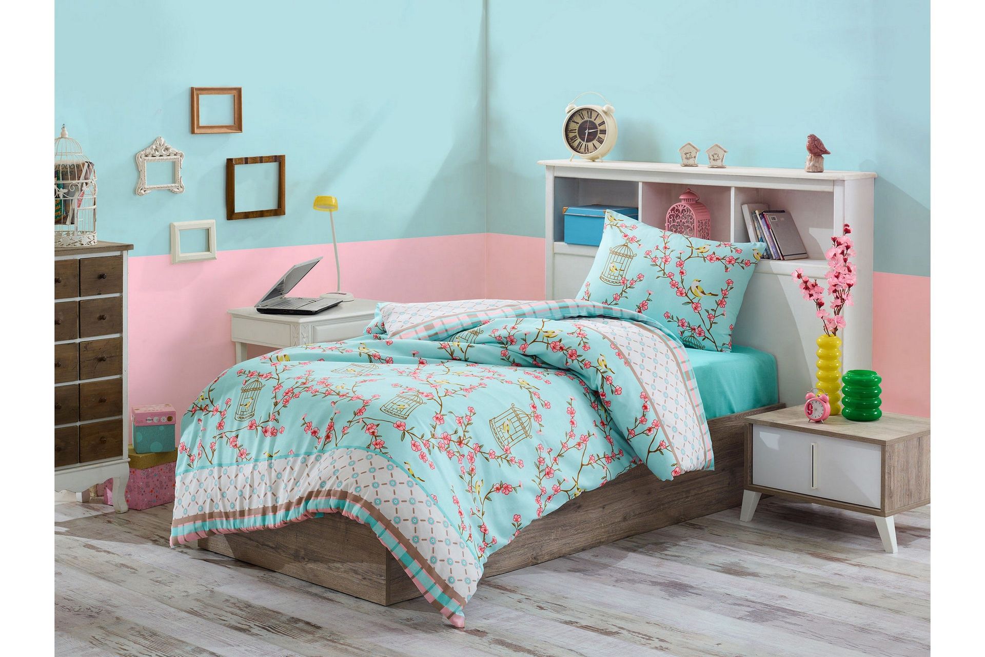Eponj Home Sengetøy Enkelt 3-deler - Turkis/Hvit/Beige/Rosa