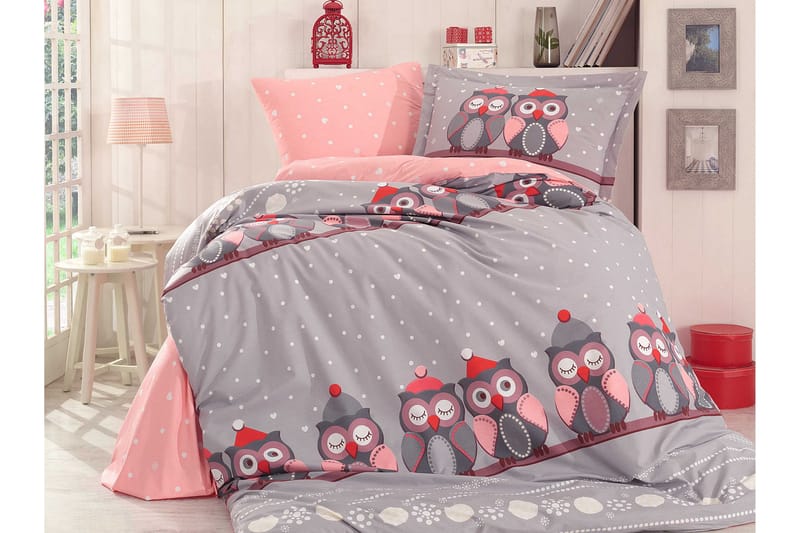 Hobby Sengetøy Enkelt 3-deler Poplin, Grå/Rosa/Hvit/Rød