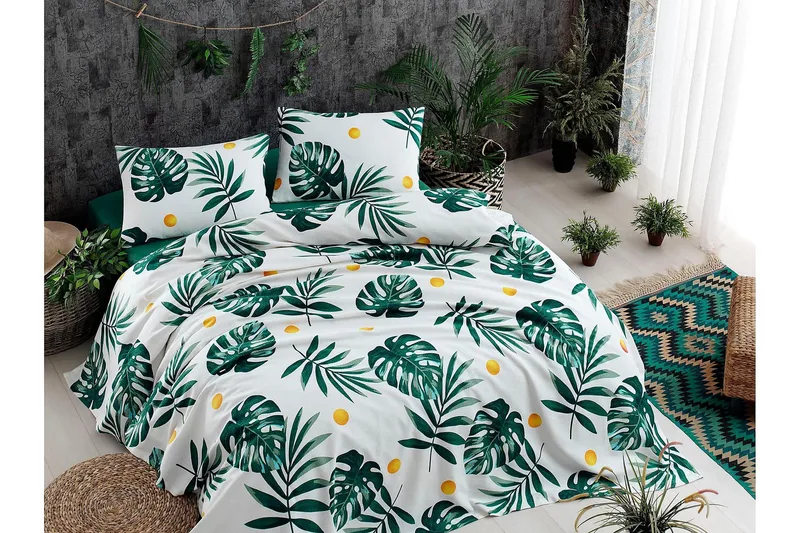 EnLora Home Sengeteppe Dobbelt 200x235+Laken+2 Putetrekk, Hvit/Grønn/Gul