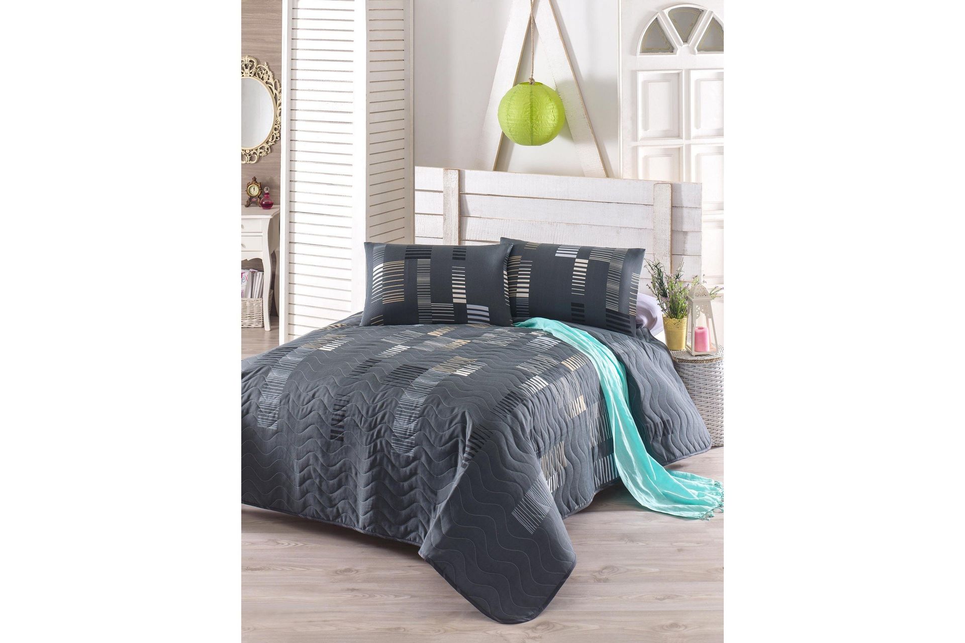 Eponj Home Sengeteppe Enkelt 160x220+Putetrekk Quiltet - Antrasitt/Svart/Hvit