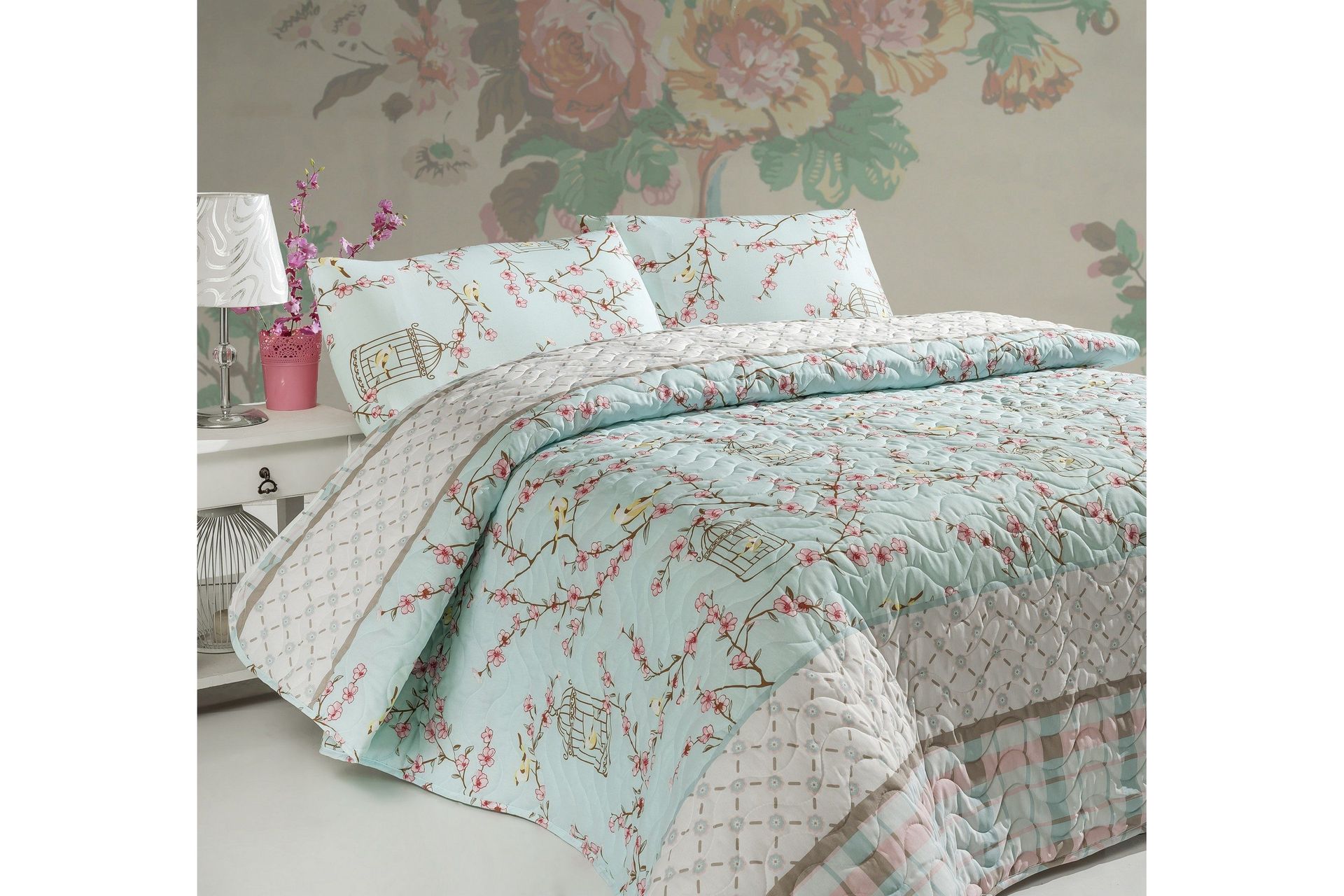 Eponj Home Sengeteppe Enkelt 160x220+Putetrekk Quiltet - Turkis/Hvit/Beige/Rosa