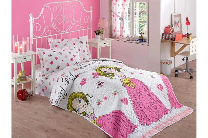 Eponj Home Sengeteppe Enkelt 160x220+Putetrekk Quiltet, Hvit/Rosa/Gul