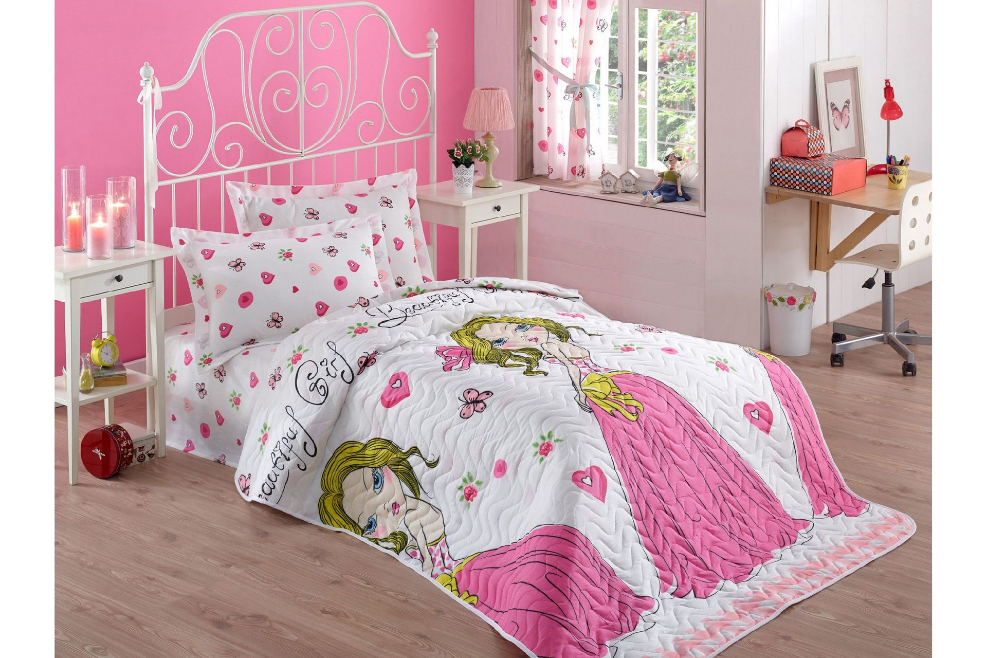 Eponj Home Sengeteppe Enkelt 160x220+Putetrekk Quiltet - Hvit/Rosa/Gul