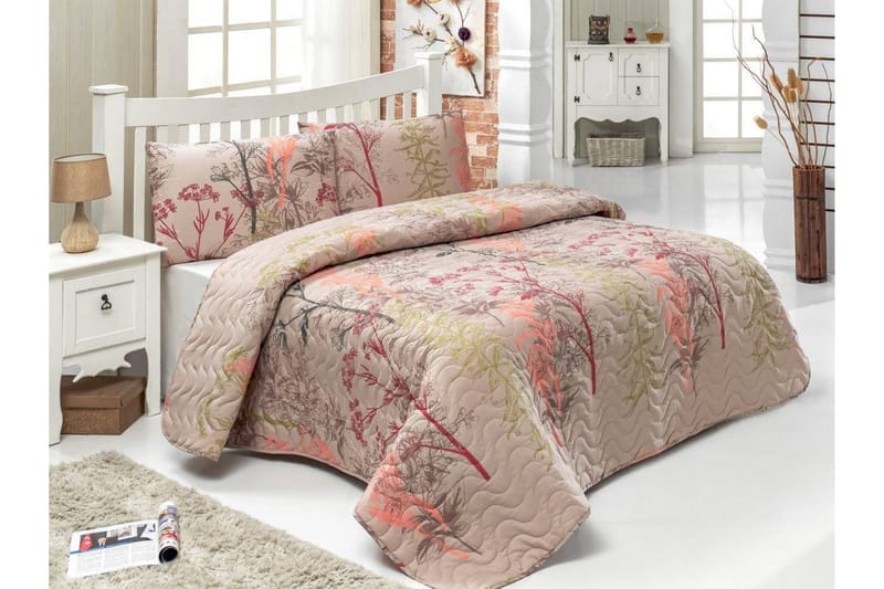 Eponj Home Sengeteppe Enkelt 160x220+Putetrekk Quiltet, Beige/Rød/Rosa/Grønn