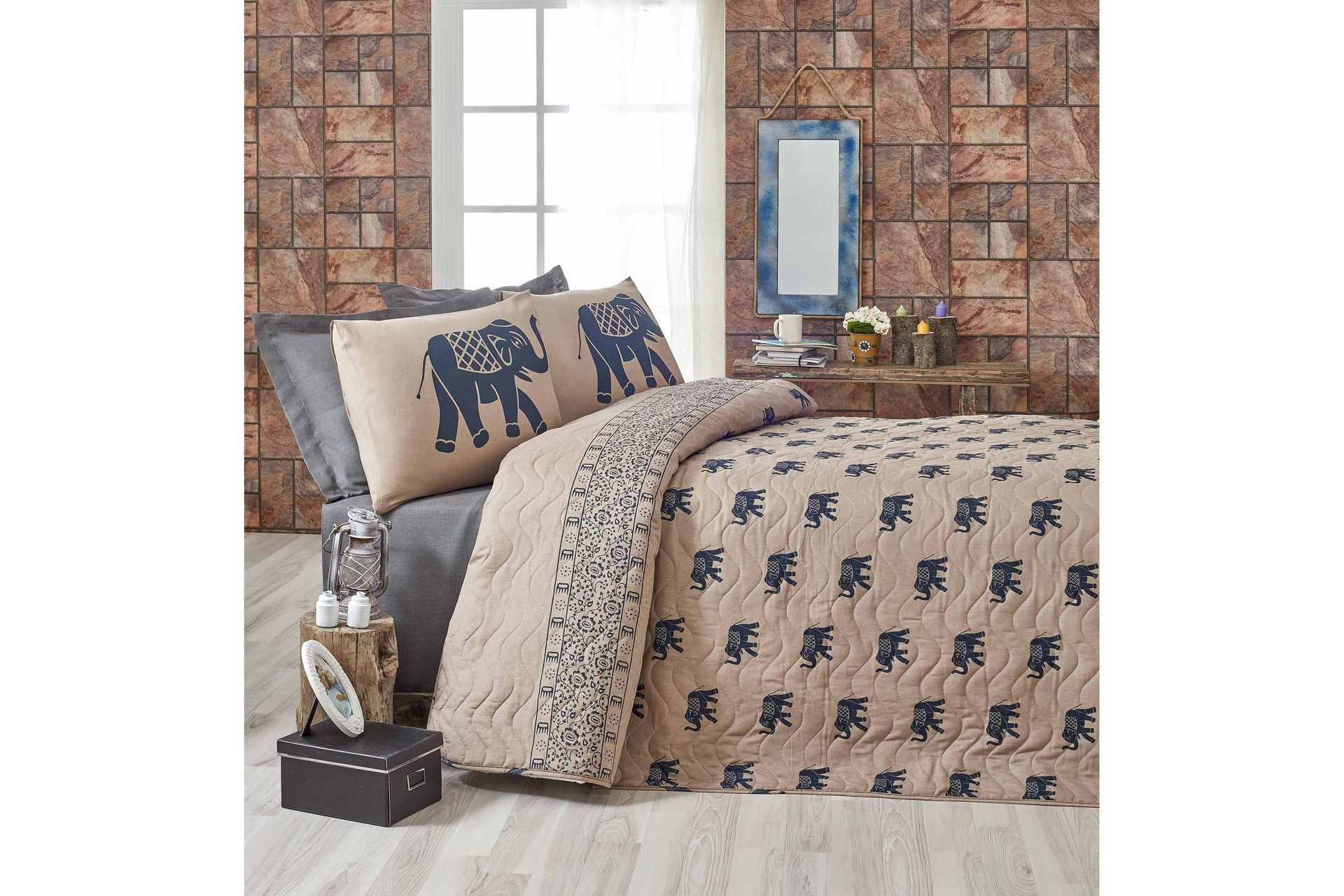 Eponj Home Sengeteppe Enkelt 160x220+Putetrekk Quiltet - Blå/Ljusbrun