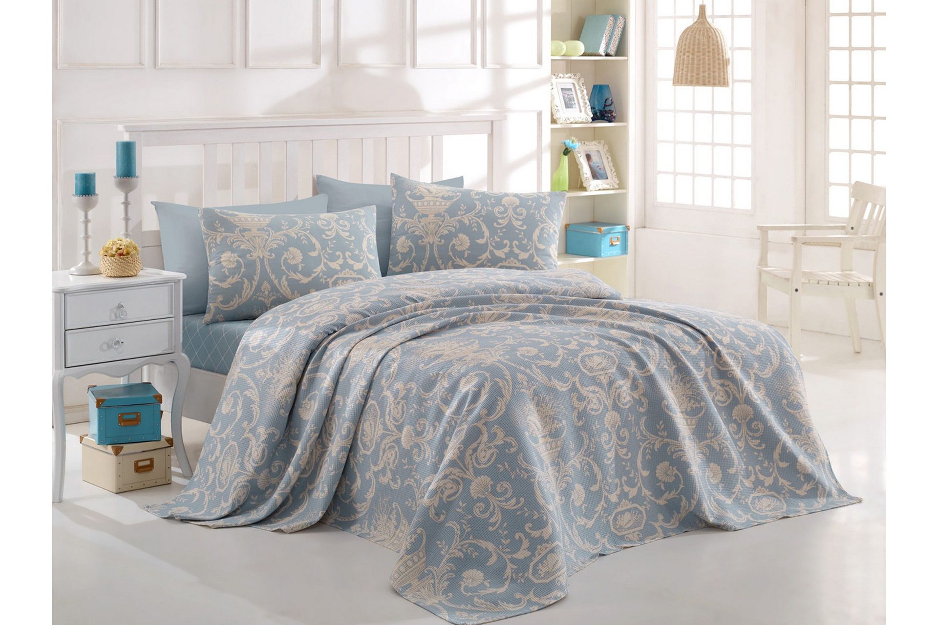 Eponj Home Sengeteppe Enkelt 160x235+Laken+Putetrekk Ranforc - Blå/Hvit