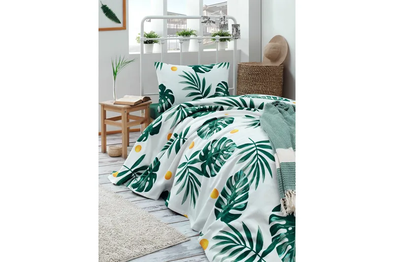 EnLora Home Sengeteppe 160x235 cm, Hvit/Grønn/Gul