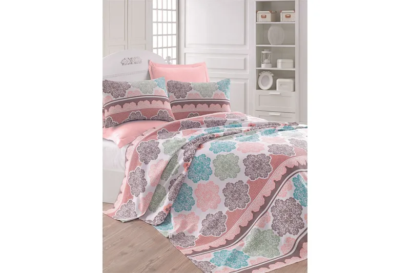 Eponj Home Sengeteppe Dobbelt 200x235 cm, Turkis/Rosa/Krem