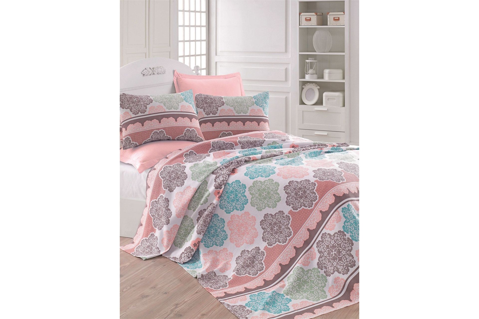 Eponj Home Sengeteppe Dobbelt 200x235 cm - Turkis/Rosa/Krem