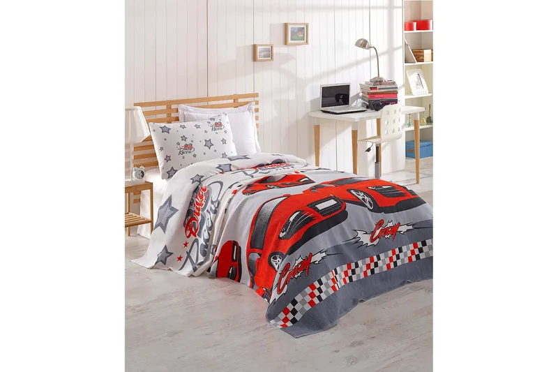 Eponj Home Sengeteppe Enkelt 160x235 cm, Hvit/Grå/Rød