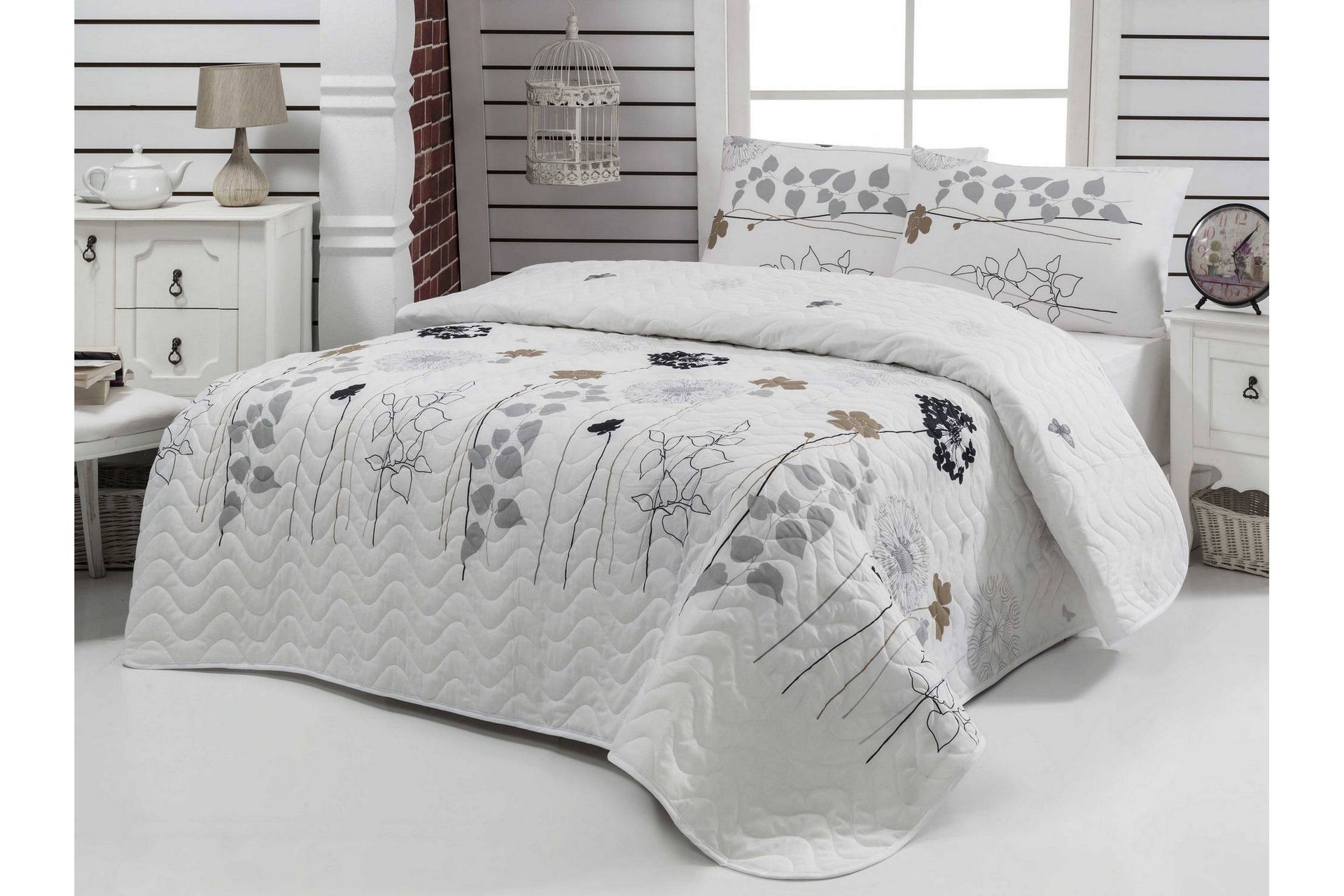 Eponj Home Sengeteppe Dobbelt 200x220+2 Putetrekk Quiltet - Hvit/Grå/Svart/Brun