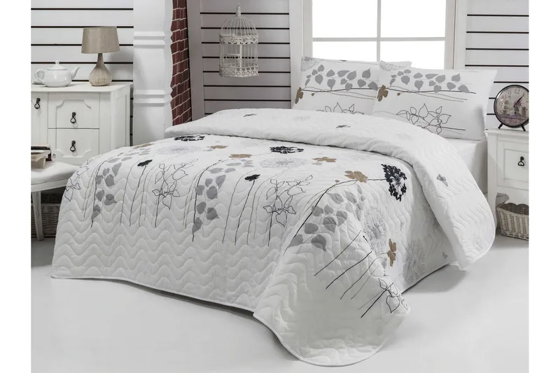 Eponj Home Sengeteppe Dobbelt 200x220+2 Putetrekk Quiltet, Hvit/Grå/Svart/Brun