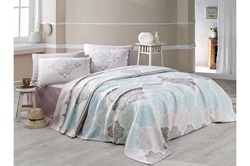 Eponj Home Sengeteppe Dobbelt 200x235+Laken+2 Putetrekk - Hvit/Turkis/Grønn/Beige - Tekstiler - Sengetøy - Sengeteppe