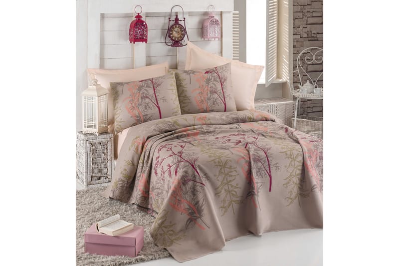 Eponj Home Sengeteppe Dobbelt 200x235+Laken+2 Putetrekk - Beige/Rød/Rosa/Grønn - Tekstiler - Sengetøy - Sengeteppe