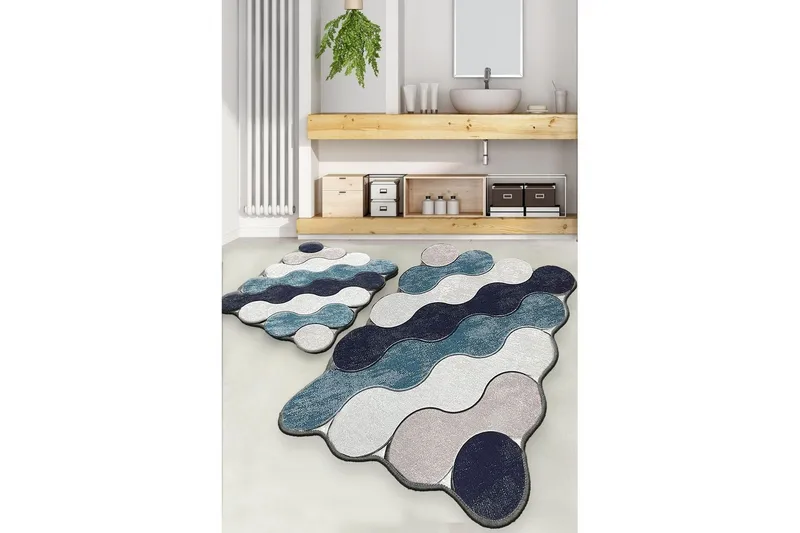 Badenaromsmattesett (2 deler) Sirkel Blå / Mørk blå / Hvit / Beige - Blå / Mørk blå / Hvit / Beige - Tekstiler - Tepper & Matter - Baderomsmatte
