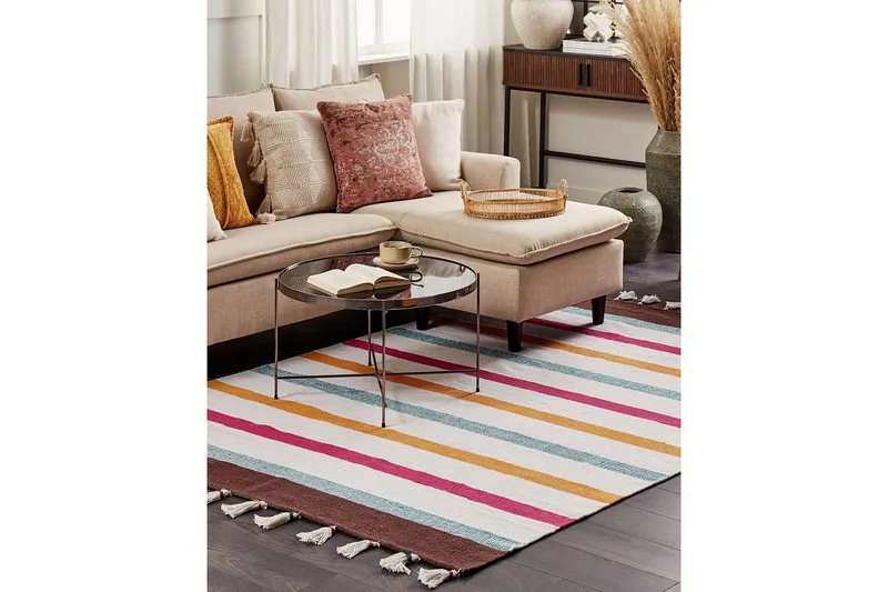 Flatvevd Hisarli - Flerfarget, hvit, brun, blå, oransje, 140x200 cm - Tekstiler - Tepper & Matter - Moderne tepper - Bomullstepper