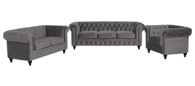 Chesterfield Luksus Sofagruppe 3+2+1 i Fløyel, Mørkgrå / Grå