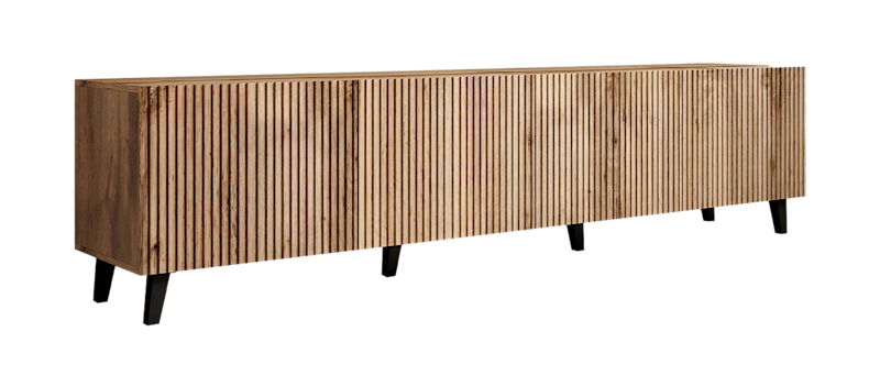 Juniskär Ribbet TV-benk i tre med oppbevaring - 40 cm dyb, 200 cm bred, 49 cm høy, Eik / Svart / Tre / Ribbet