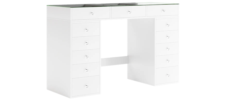 Glow Stort sminkebord med glassplate Oppbevaring med skuffer og rom 120 cm, Hvit