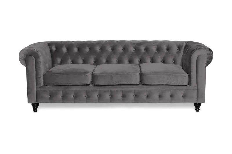Chesterfield Lyx 3-seter Fløyelssofa – Dyp sofa, Mørkgrå / Grå